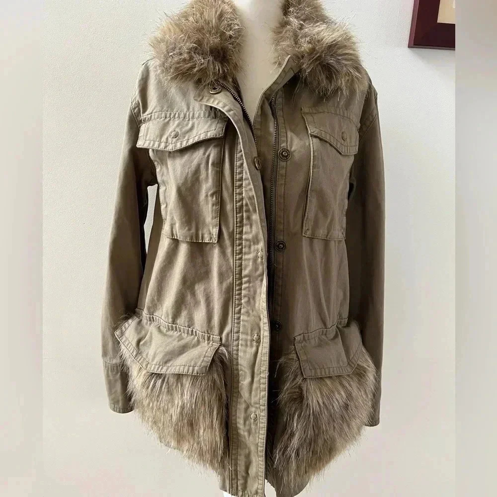 Anthropologie | Saskia army green faux fur trimmed utility jacket. Size: XS